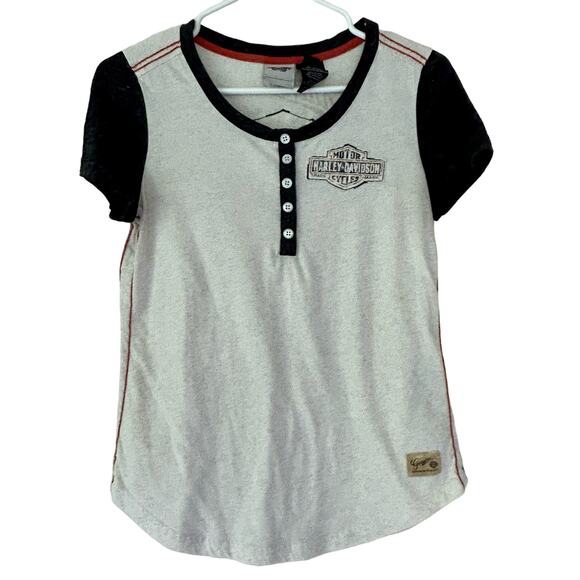 Harley Davidson ringer button biker short sleeve graphic t Shirt top size Small - Picture 1 of 13